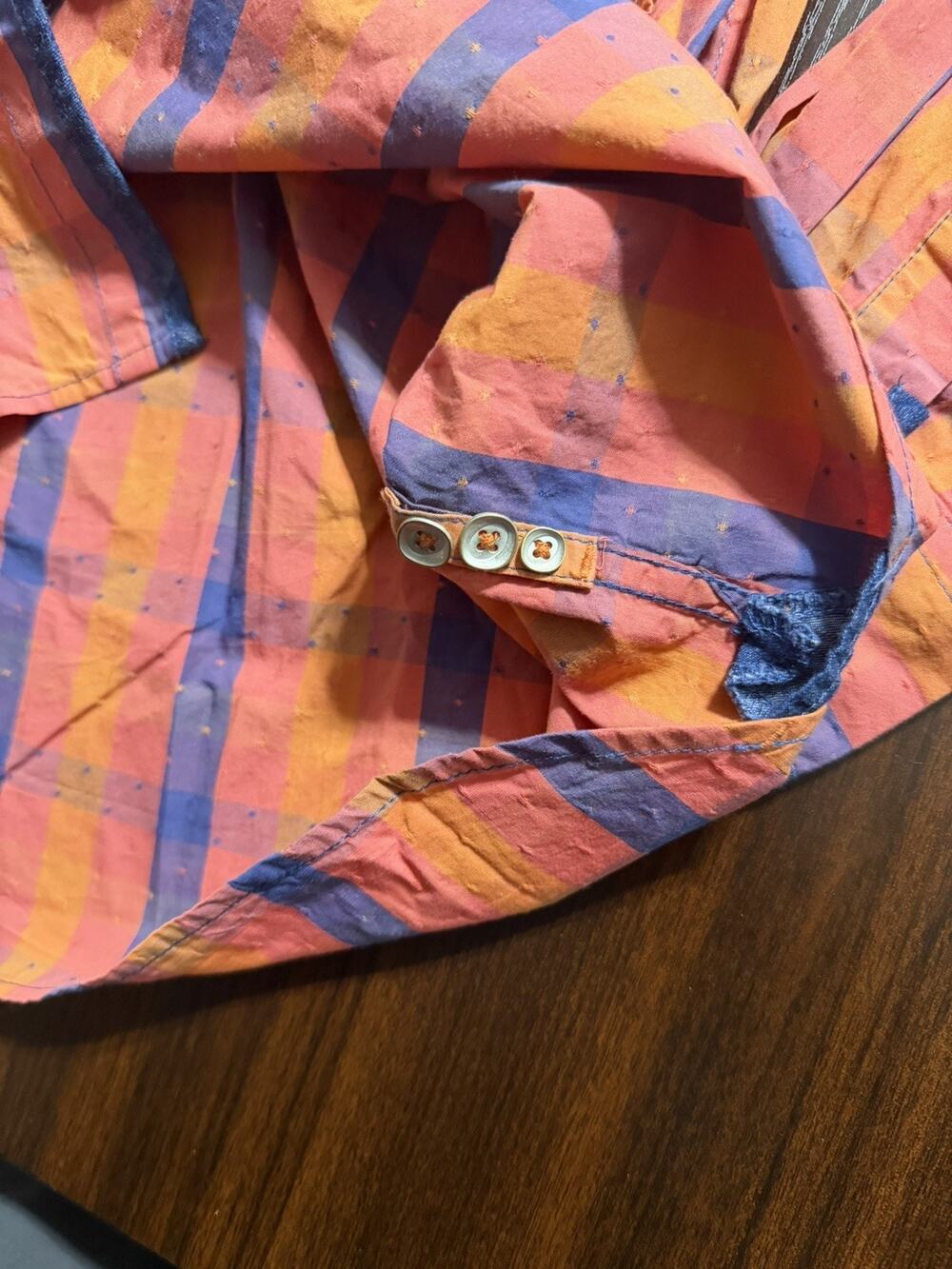 Vtg Territory Ahead Mens Sz L Shirt Textured Woven Cotton Orange blue Plaid